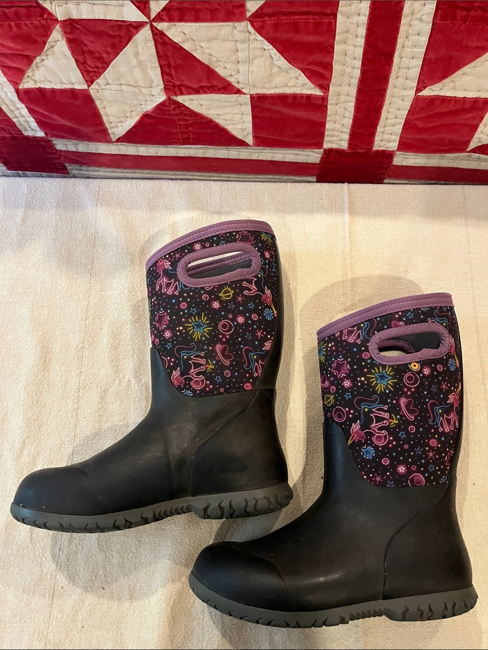 Bogs Kids Black Rain Boots with Purple Trim and Space Print - Picture 7 of 10